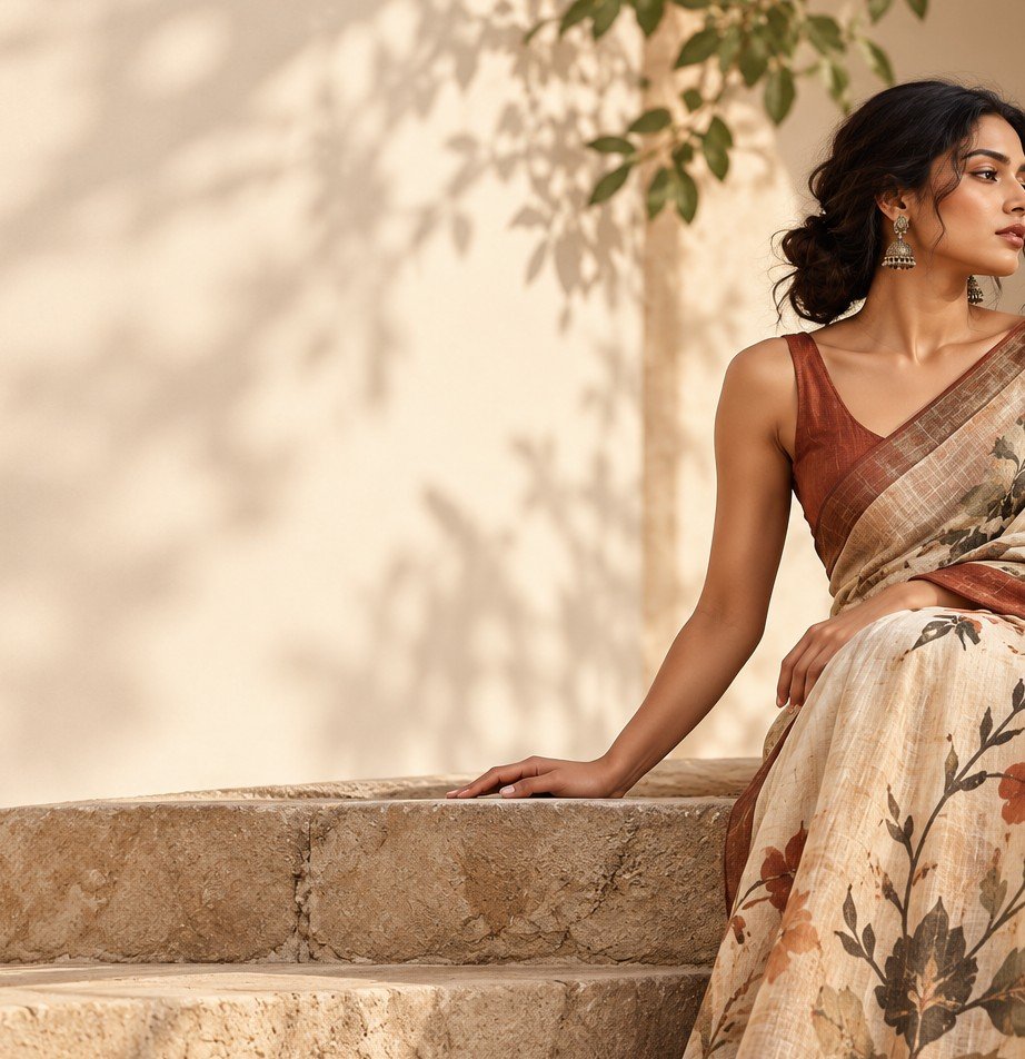 Soft neutral saree drape